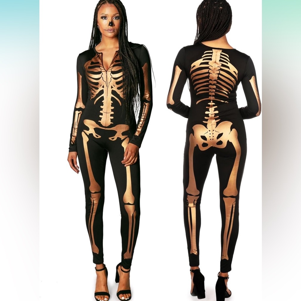 NWOT Tipsy Elves Black & Gold Form Fitted Flattering Skeleton Bodysuits, Size 1X